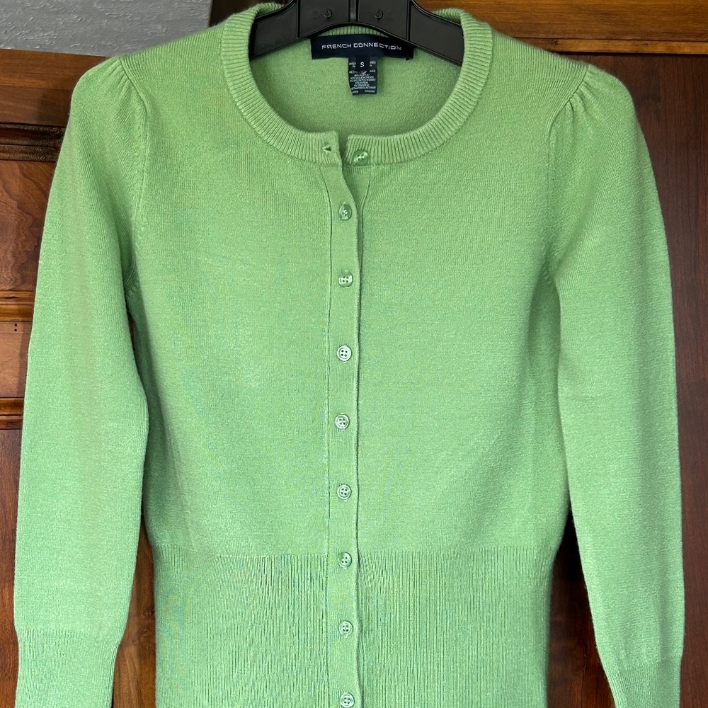 French Connection Light Green Crewneck Button-Front Cardigan